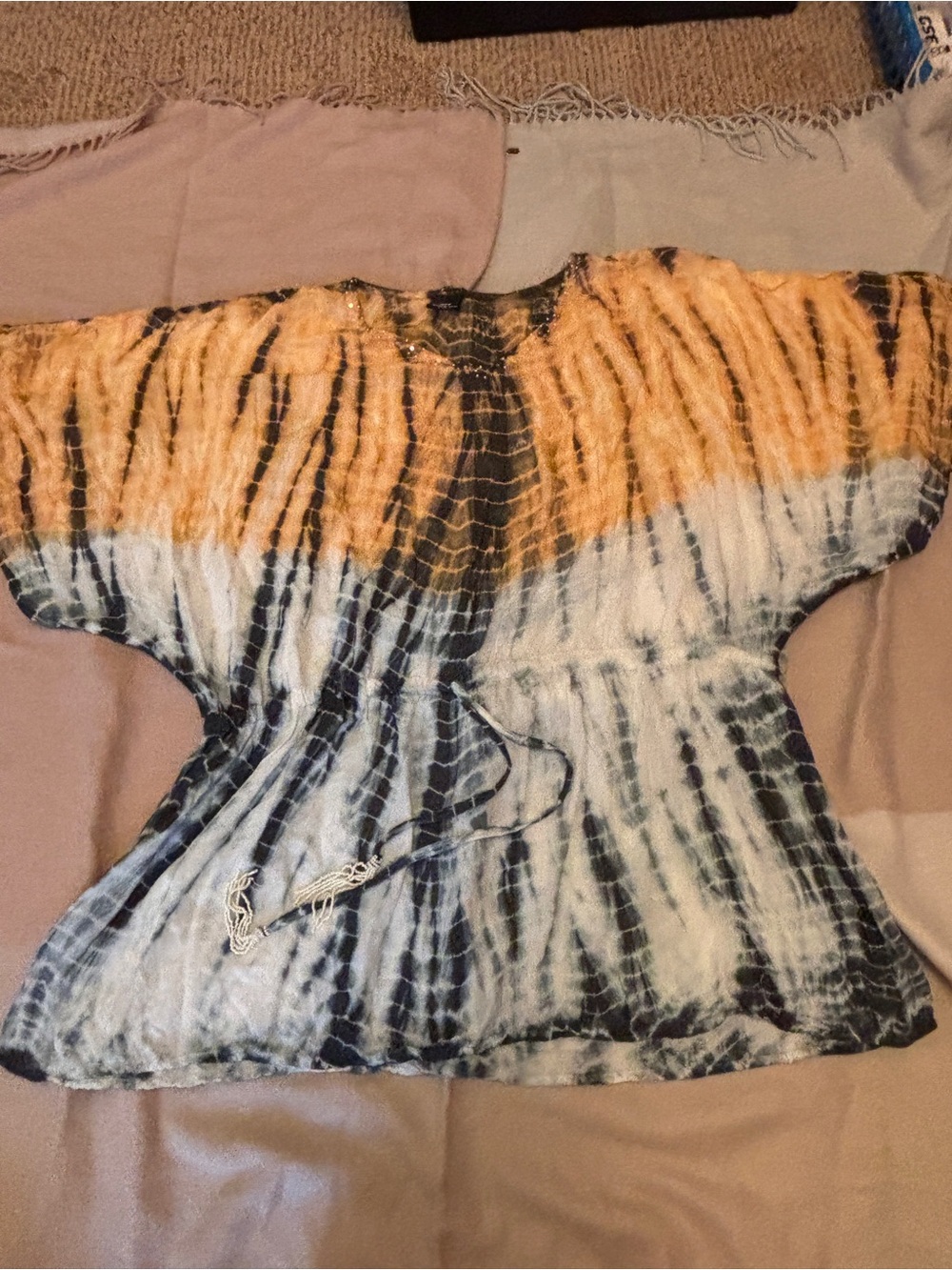 Tie-Dye Short Sleeve Tunic Top - Orange, Black & White